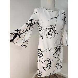Lauren Ralph Lauren White Black Floral Bell Sleeve Midi Boat Neck Dress Size 4